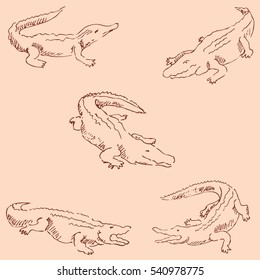 Crocodiles. Sketch pencil. Drawing by hand. Vintage colors. Vector