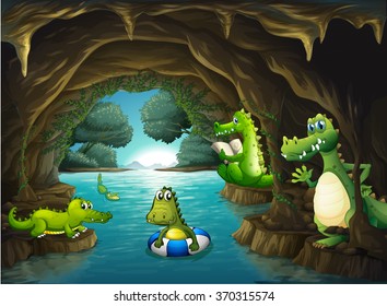 Crocodiles swimming in the cave illustration