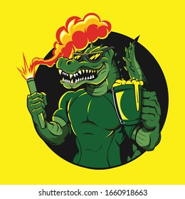 crocodiles wear glasses, hold drinking glasses and fireworks, which look elegant good for football supporters logos, etc.