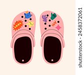 Crocs with embellishments. Unisex slates. Trendy vector illustration.