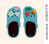 Crocs with embellishments. Unisex slates. Trendy vector illustration.