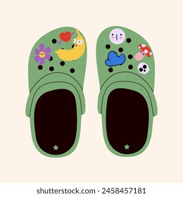 Crocs with embellishments. Unisex slates. Trendy vector illustration.