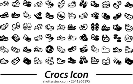 Crocs icon.eps, Ivano-Frankivsk, Ukraine - 16 May: Big set of Hand drawn Crocs detailed flip flop shoes. Classic summer style. Outline doodle illustration. Image in different views - front, back, top,