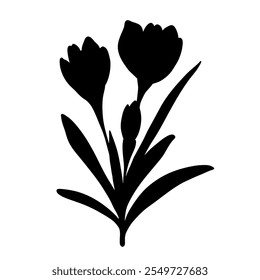 Crocus black silhouette isolated on white. Hand drawn single flower in minimal stencil style. Vector clipart for spring flowers and springtime illustration, floral design and print.