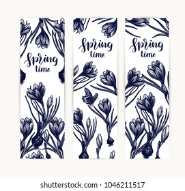 Crocus card hand drawn Isolated vector. Botanical illustration. Universal templates for invitation or packaging. Engraving