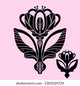 Crocus. Floral silhouette. Black symmetrical composition. In the style of linocut. Scandinavian rustic ornament. Element for design