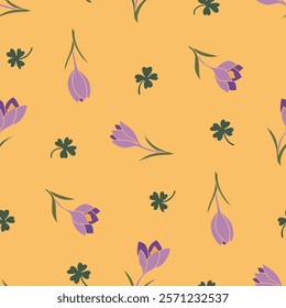 Crocus Flower Clover Vector Seamless Pattern illustration for Print, Wallpaper, Decoration.