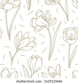 Crocus flower golden seamless pattern spring primroses outline sketch on white background.