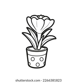 Flor de croco crece en un pequeño libro de coloración de ollas dibujo lineal aislado en fondo blanco