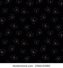 Crocus Flower hand drawn minimalistic seamless pattern print design floral black background 