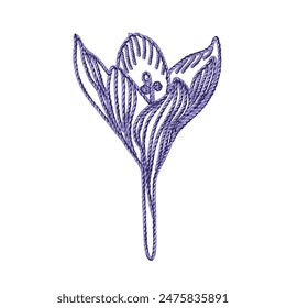 Crocus flower imitation of very peri colors of mouline thread embroidery design element on white background design element. Concept of beauty, spring time and hand craft.