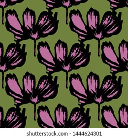 Crocus flower seamless pattern in black, green, pink colors. Trendy vector illustration for fashion fabric, paper, wrapping, packaging, wallpaper, poster, cover, interior decor, all over print. 