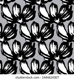 Crocus flower seamless pattern in black, white, grey colors. Trendy vector illustration for fashion fabric, paper, wrapping, packaging, wallpaper, poster, cover, interior decor, all over print. 