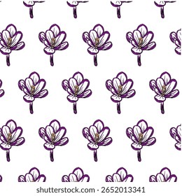 Crocus flower Seamless Pattern Hand drawn vector line art, Black and Purple Flower isolated in white. Beautiful design for textile, wallpaper, wrapping paper and backgrounds