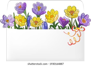 Crocus flowers in a mailing envelope. Floristic vector frame. Yellow and purple crocuses in a clipart envelope for creating greeting cards, wedding invitations, happy birthday greetings and more. 