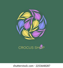 Crocus flowers, saffron. Logo, emblem. CROCUS SHOP. Spring colorful flowers on a green background.