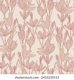 Crocus flowers seamless background. Seamless pattern with purple crocuses. Saffron field. Seamless pattern with line crocuses.