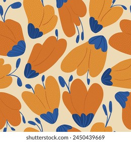 Krokusblumen nahtloses Muster. Blumen endloser Hintergrund. Summer Gardening Repeat Cover. In: Botanic Loop Ornament. Blumenknospen-Vektorgrafik flache handgezeichnete Illustration.