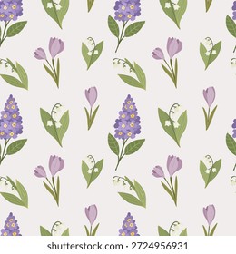 Crocus and lilac flowers seamless pattern, spring blossoms background, violet floral garden, hand drawn vector illustration
