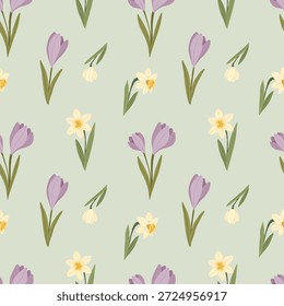 Patrón sin fisuras de flores de azafrán y narciso, fondo floral de primavera con flores púrpuras y amarillas, Ilustración vectorial dibujada a mano
