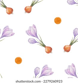 Crocus pattern. Saffron field. Seamless pattern with purple crocuses. Seamless   pattern on a transparent background. Background illustration.  Wrapping background