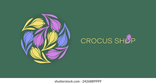 Crocus. Poster. Saffron flowers. Logo, emblem. Crocus shop. Spring flowers on a green background