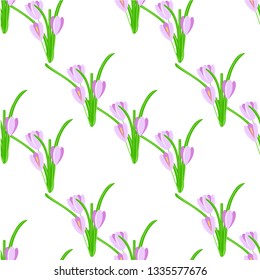 Crocus seamless background. Violet spring flowers, green leaves on white background. Flat design element stock vector illustration for web, for print