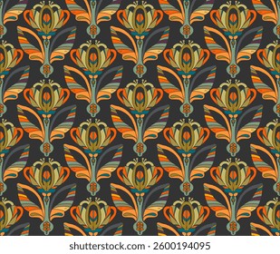 Crocus. Seamless floral pattern with stylized decorative flowers and leaves in folk art style. Vintage ornamental print inspired by traditional motifs. Ideal for textiles, wallpaper and stationery.