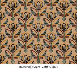Crocus. Seamless floral pattern with stylized decorative flowers and leaves in folk art style. Vintage ornamental print inspired by traditional motifs. Ideal for textiles, wallpaper and stationery.