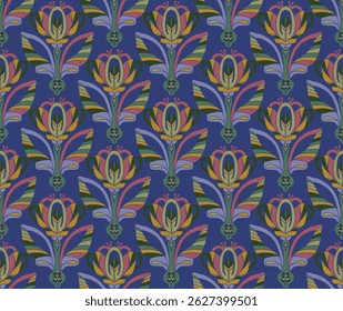 Crocus. Seamless floral pattern with stylized decorative flowers and leaves in folk art style. Vintage ornamental print inspired by traditional motifs. Ideal for textiles, wallpaper and stationery.