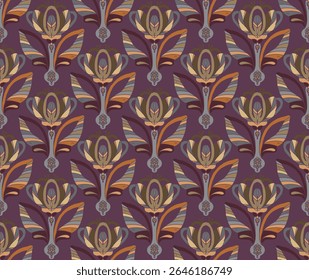 Crocus. Seamless floral pattern with stylized decorative flowers and leaves in folk art style. Vintage ornamental print inspired by traditional motifs. Ideal for textiles, wallpaper and stationery.