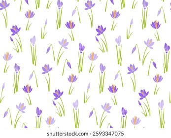 Crocus seamless pattern with blooming flowers and leaves, flat collage style, for spring, floral wrapping paper, fabric, wallpapers, stationery, or digital designs