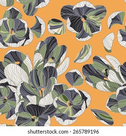 Crocus seamless pattern. Color floral texture. Line art vector illustration. Cute spring flowers. Endless background.