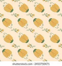 Patrón crocus sin costuras. Fondo sin fin floral. Flor y follaje bucle adorno de azulejos Verano botánico repetir cubierta. Vector plano dibujado a mano ilustración.