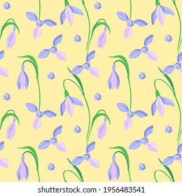 Crocus Seamless pattern, yellow background. Cute Isolated Spring flowers on background for your design. Floral nature. Perfect for fabrics print, background, wallpaper. Vector element. EPS 8