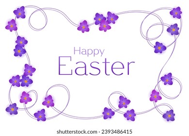 Crocus spring flowers Happy Easter vector card or banner. Saffron flowers crocus blossom spring frame border for text. Easter greeting card saffron floral design. Religious holiday banner