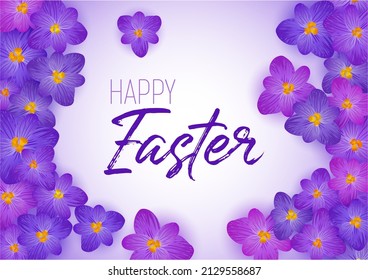Crocus spring purple flowers Happy Easter vector card or banner. Saffron flowers crocus blossom spring frame border for text. Easter greeting card saffron floral design. Religious holiday banner