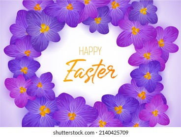 Crocus spring purple flowers Happy Easter vector card or banner. Saffron flowers crocus blossom spring frame border for text. Easter greeting card saffron floral design. Religious holiday banner