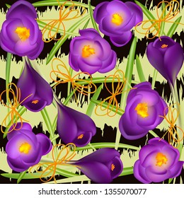 Crocuses. Crocus. Beautiful bright realistic flowers of bright purple color on a background. Happy Mother's Day Template. Greeting card. Springtime. Vector illustration.