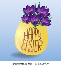 Crocuses in the egg with lettering "Happy Easter".