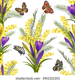 Crocuses and mimosa in a color pattern.Colored seamless pattern with crocuses, mimosa and butterflies on a white background.