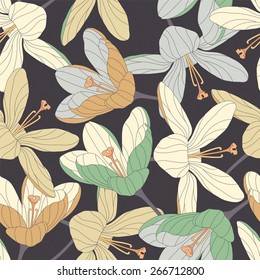 crocuses on a dark background in seamless pattern