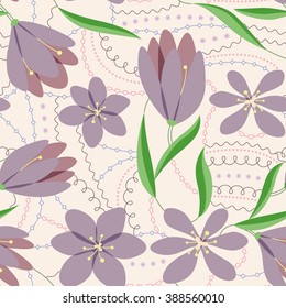 Crocuses seamless pattern lilac vintage