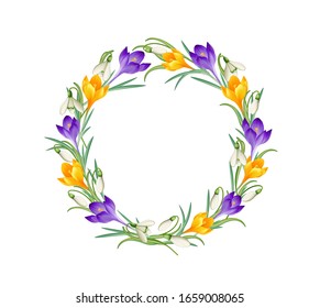 Crocuses and snowdrop flowers wreath,
Spring flowers group,
Vector illustration isolated on white background
