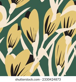 Crocuses, snowdrops stylized floral pattern. Vector seamless pattern. Bright modern design in a flat style, drawn in a freehand style.
