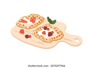 Croffle with berries on serving board. Sweet waffle with strawberry, raspberry, cream and mint leaves. Asian baked food. Vector illustration.
