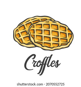 Croffle, Croissant Waffle Korean pastry. Sweet dessert, hand drawn vector illustration.