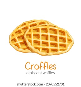 Croffle, Croissant Waffle Korean pastry. Sweet dessert vector illustration.