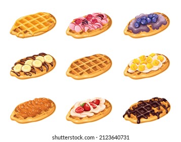 Croffle, Croissant Waffle Korean pastry. Croffle with different sweet topping banana, chocolate, raspberry, strawberry, honey, caramel, blueberry and syrup. Waffle menu vector illustration.