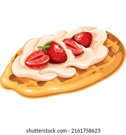 Croffle, Croissant Waffle Korean Pastry. Croffle With Sweet Topping Strawberry And Cream. Waffle Menu Vector Illustration.